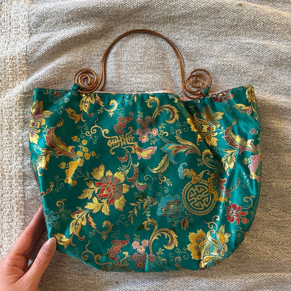 Floral Patterned Tote Bag with Gold Handles